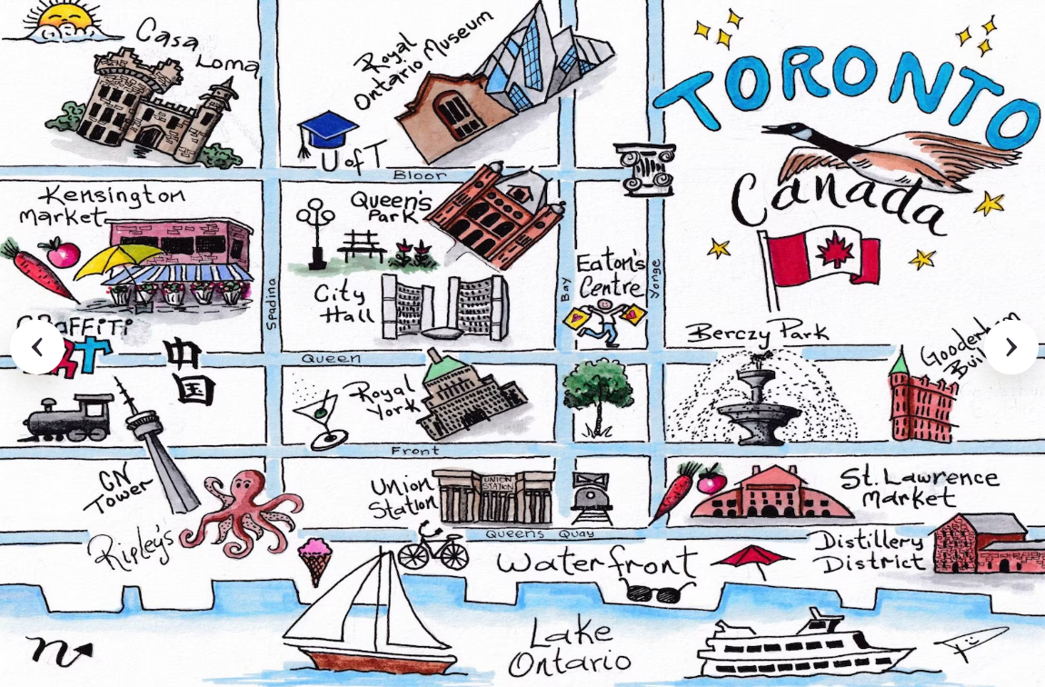 Toronto Illustrated Map Postcard: Hand-Drawn Pen & Ink
